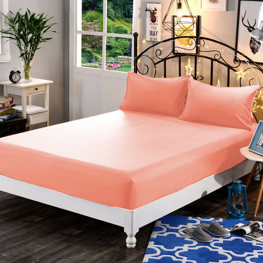 3 in 1 Bed Sheet Set Plain 2017 Series (1 Fitted Sheet and Free 2 Pillowcases) 2017Peach